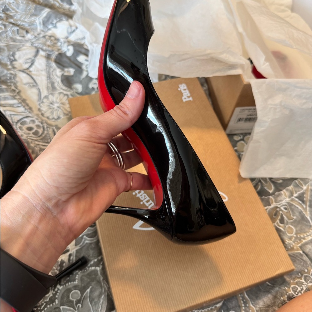Christian Louboutin Glossy Black Peep Toe Heels Yootish 85 - Picture 8 of 16